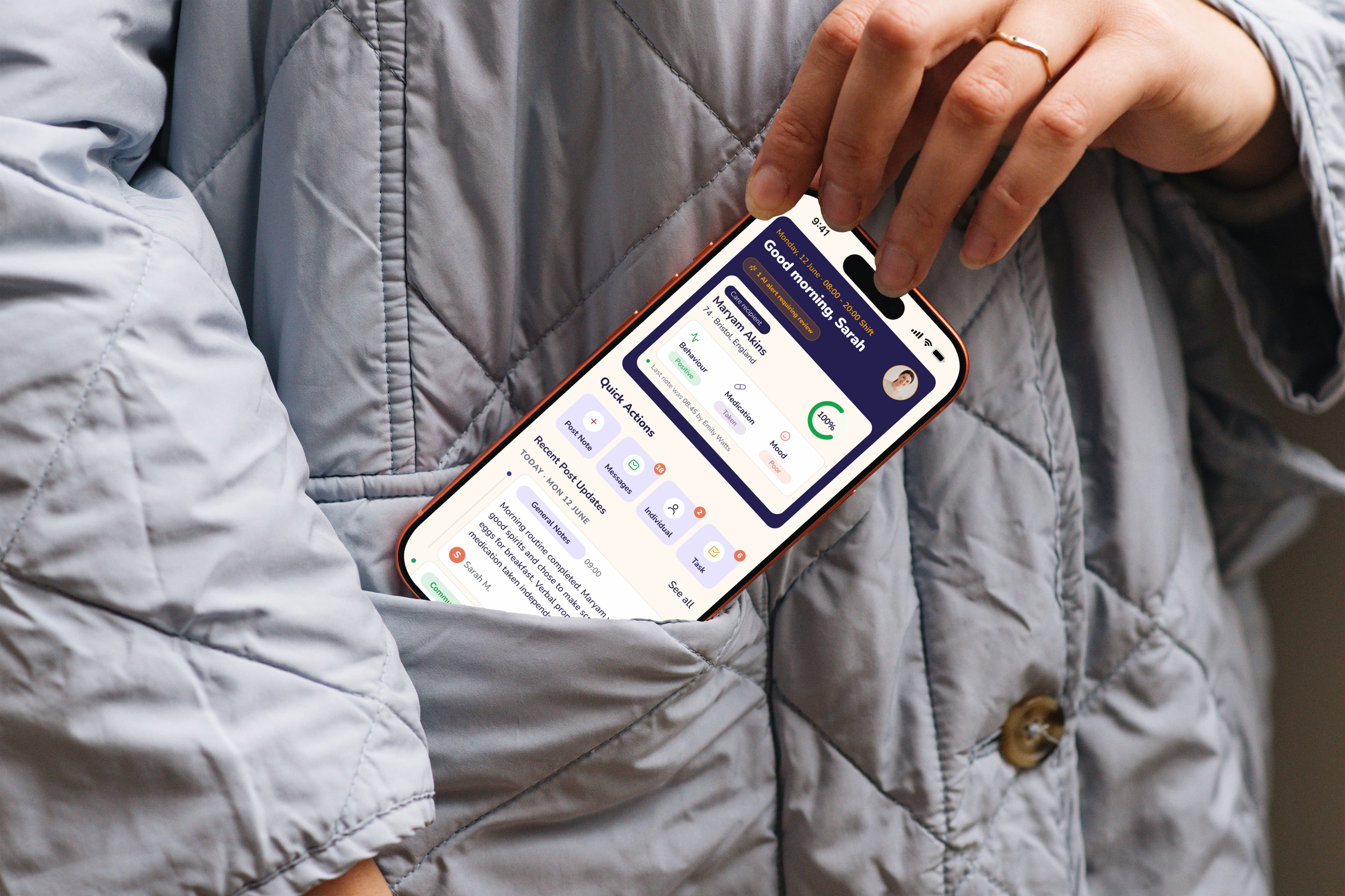 Pelp staff app in a jacket pocket